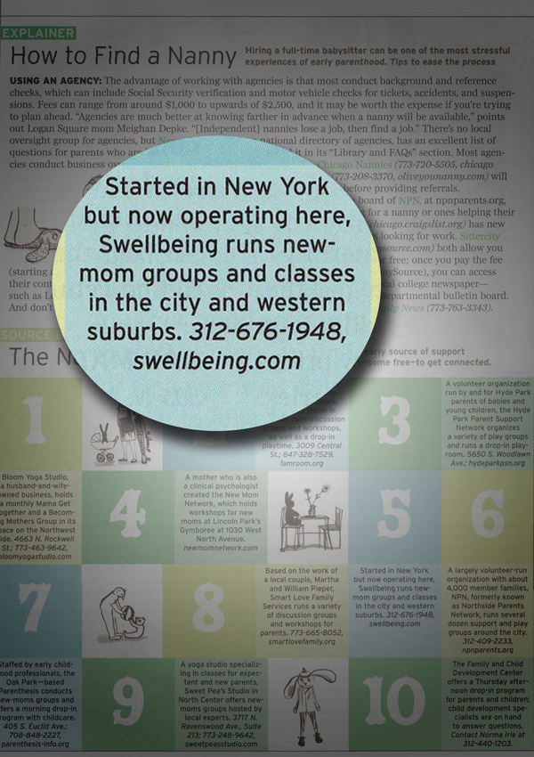 Started in New York but now operating here, Swellbeing runs new-mom groups and classes in the city and western suburbs.